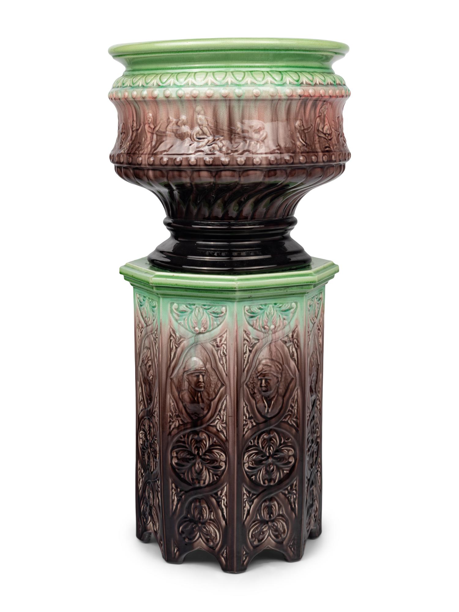 A Continental Majolica Jardinière and Pedestal