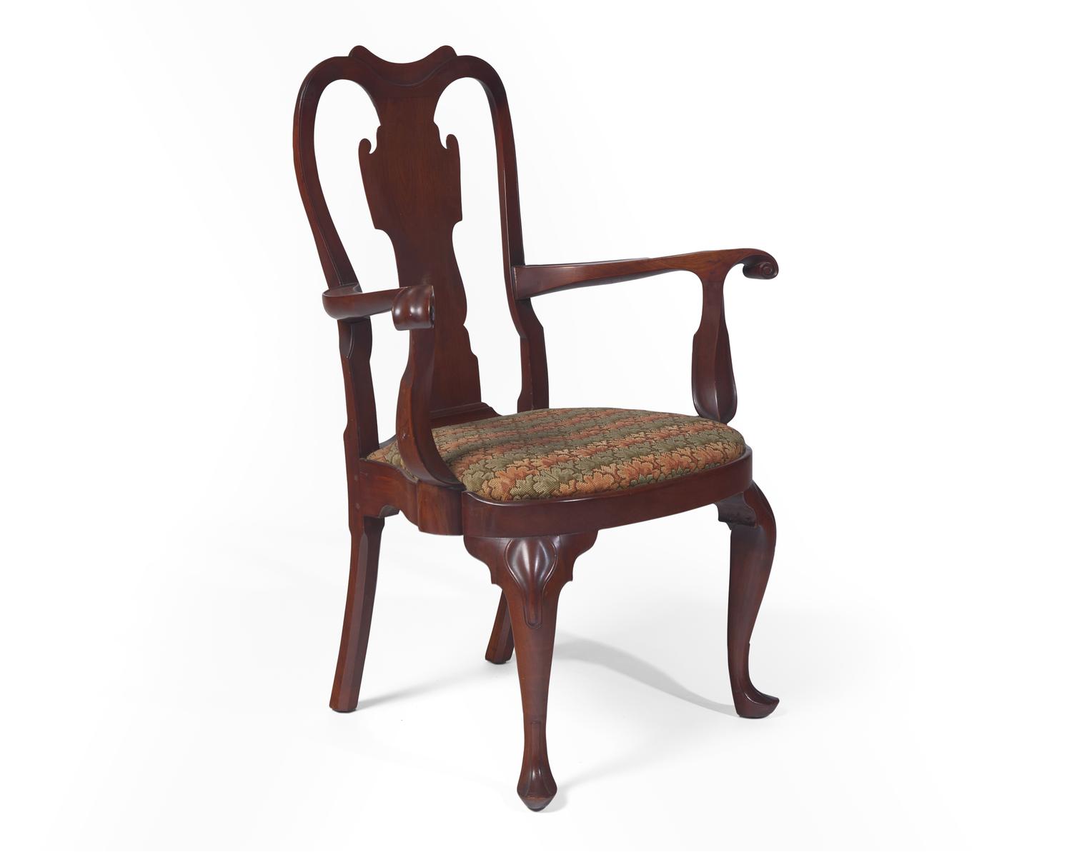 A Queen Anne Walnut Compass-Seat Open Arm Chair