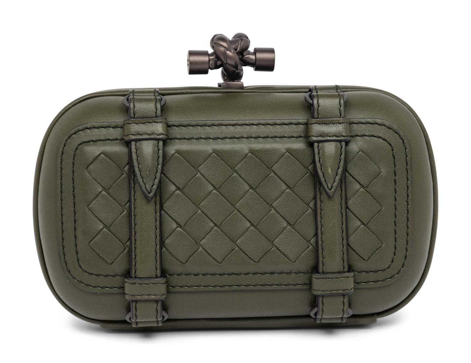 BOTTEGA VENETA, OLIVE GREEN BUCKLED KNOT CLUTCH