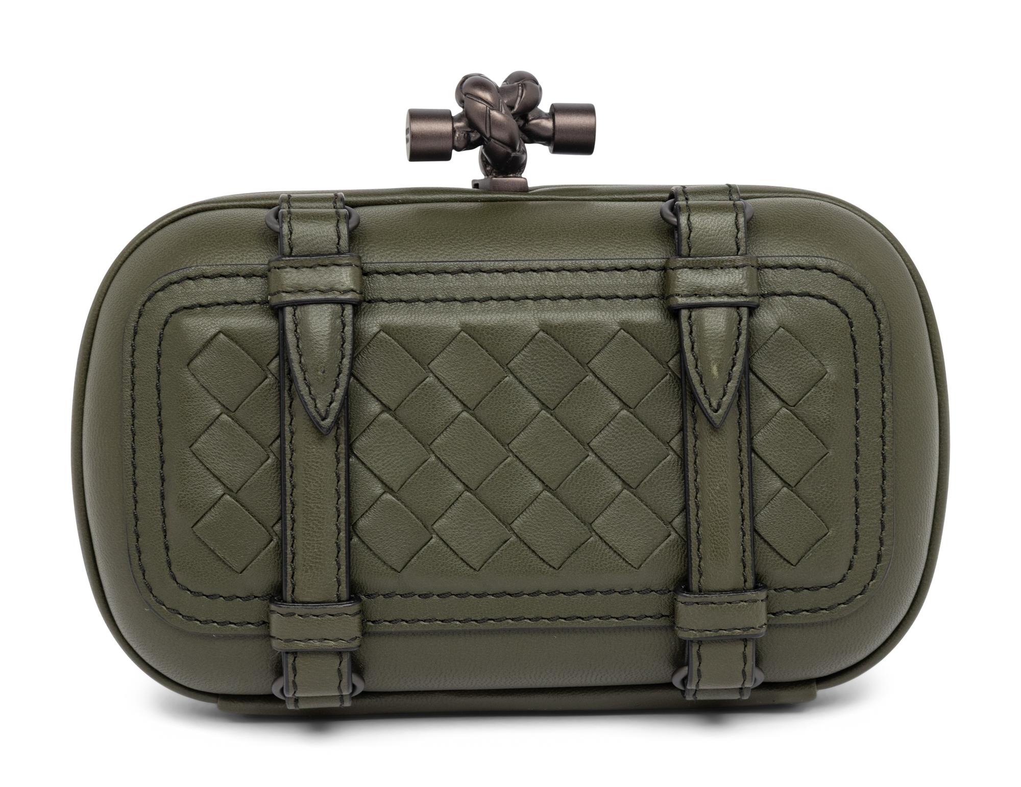 BOTTEGA VENETA, OLIVE GREEN BUCKLED KNOT CLUTCH