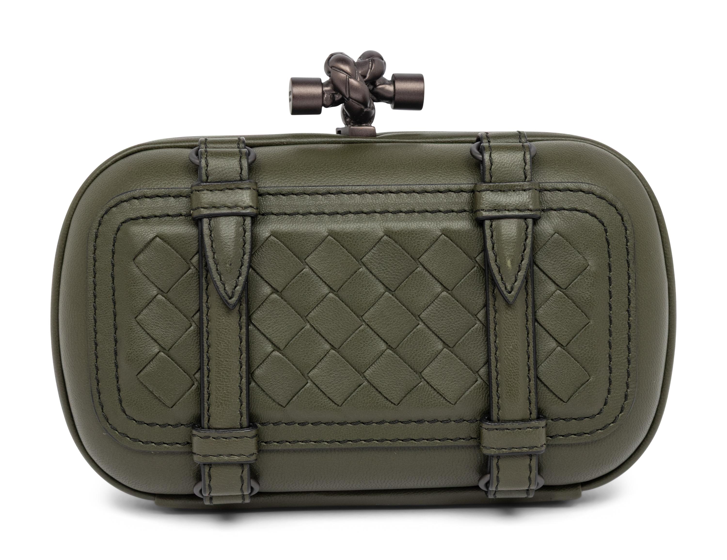 BOTTEGA VENETA, OLIVE GREEN BUCKLED KNOT CLUTCH