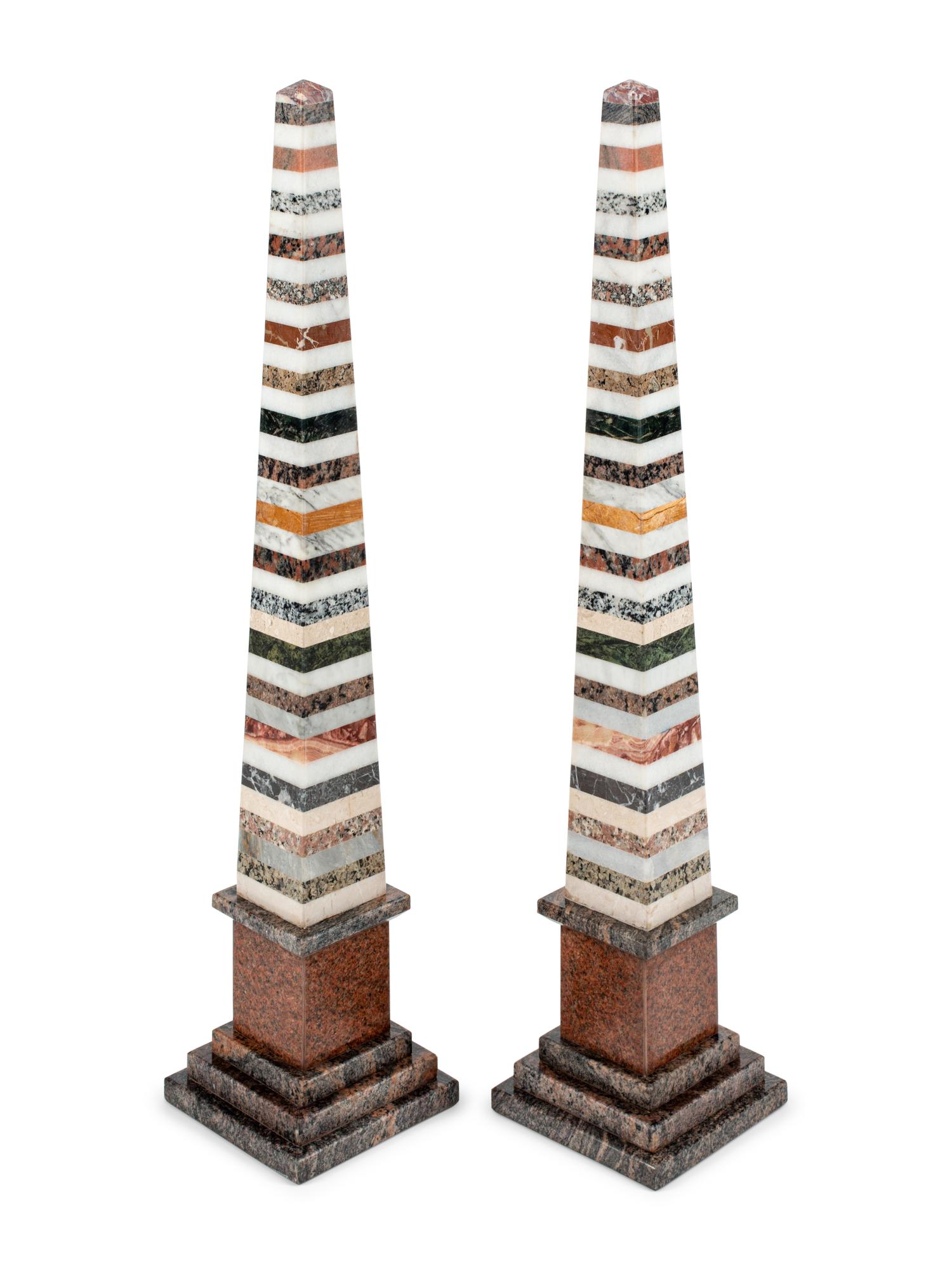 A Pair of Grand Tour Style Specimen Marble Obelisks