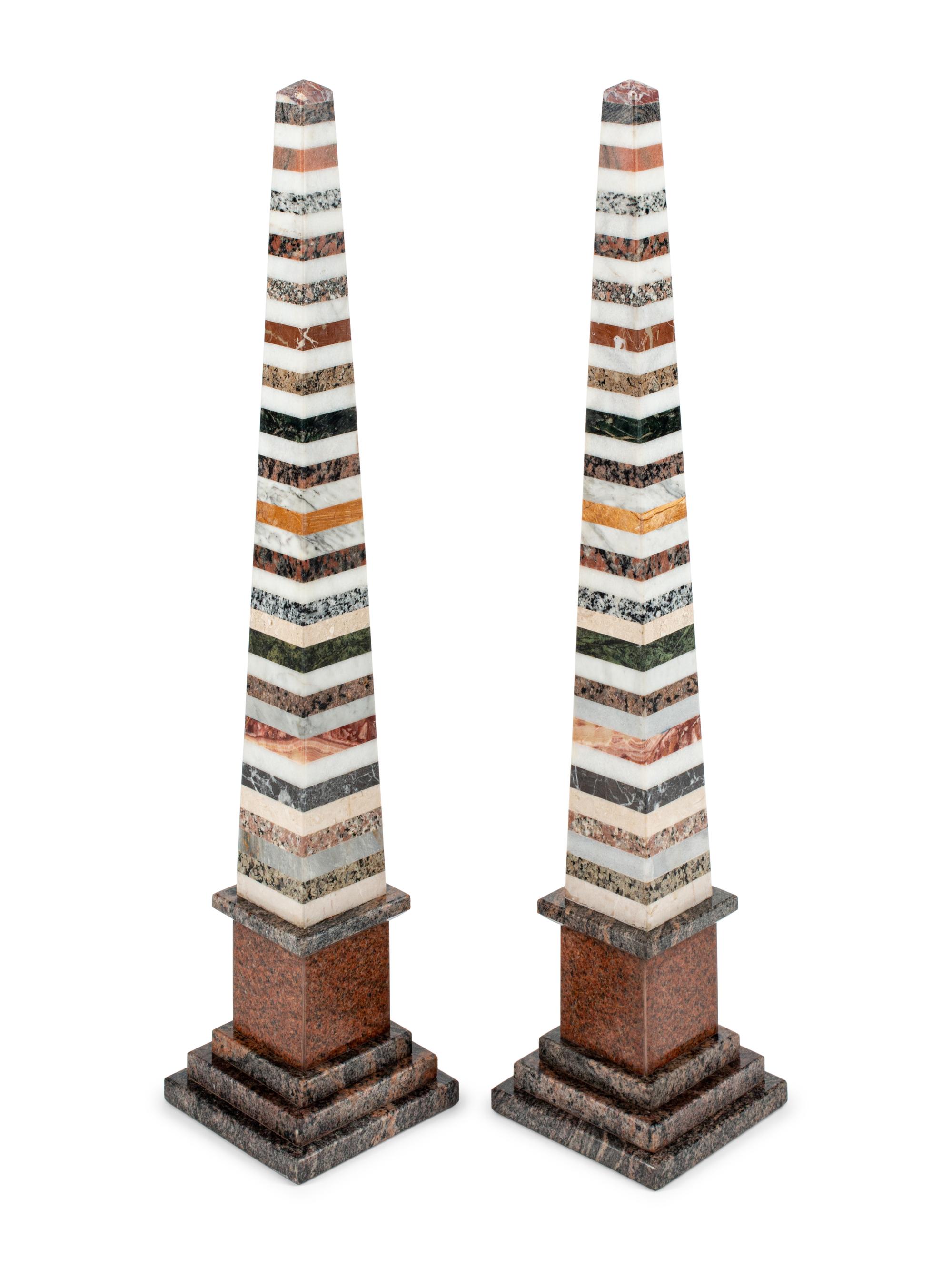 A Pair of Grand Tour Style Specimen Marble Obelisks