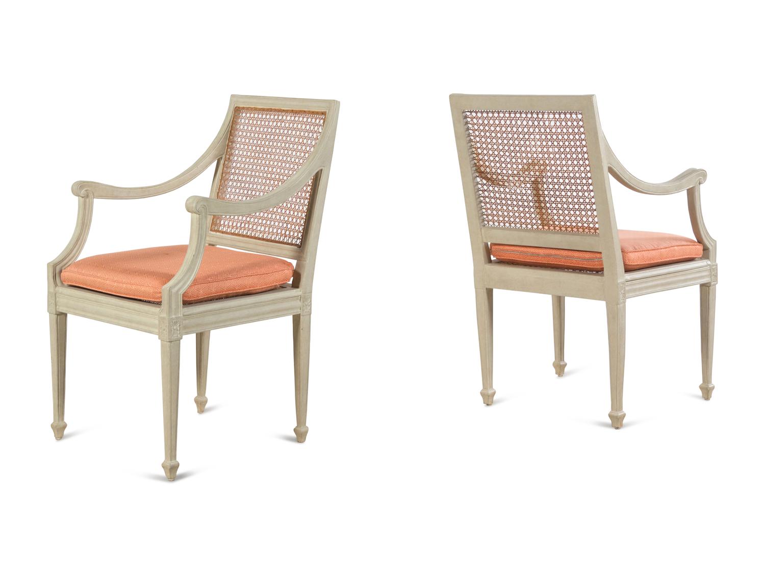 A Pair of Italian Painted and Caned Armchairs