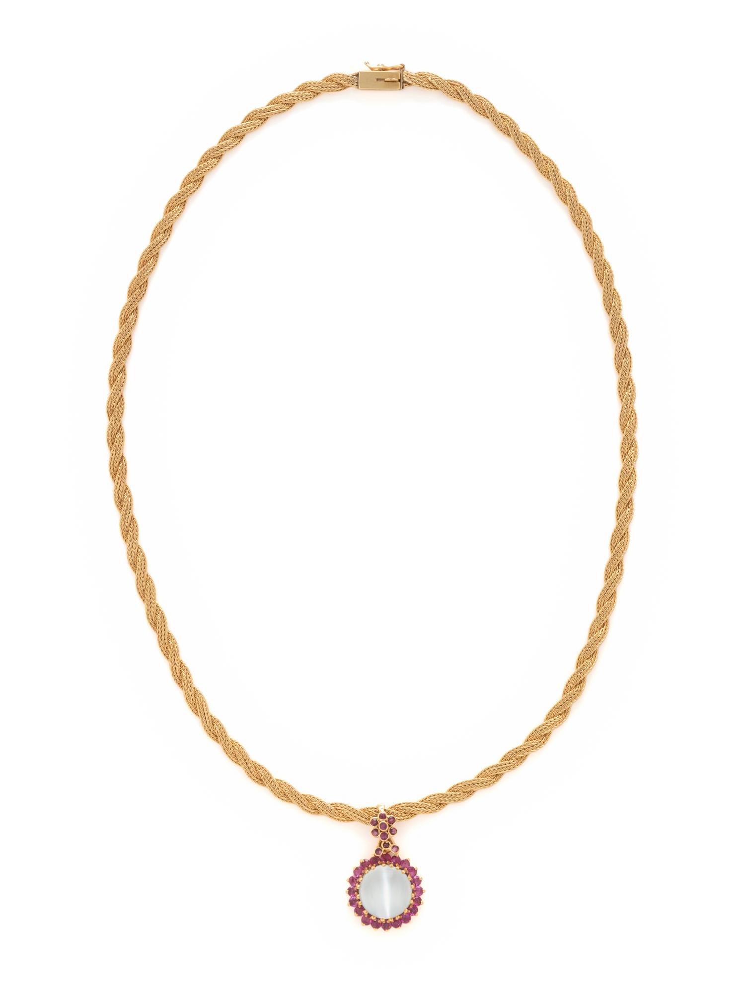 CAT'S EYE MOONSTONE AND PINK SAPPHIRE PENDANT/NECKLACE