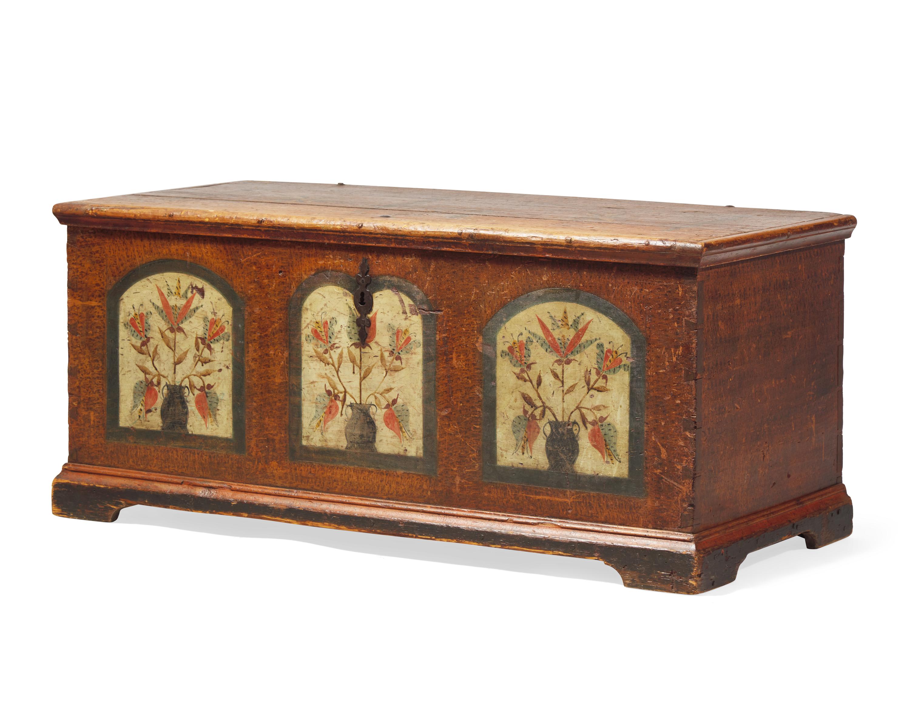 A Painted And Decorated Yellow Pine Blanket Chest