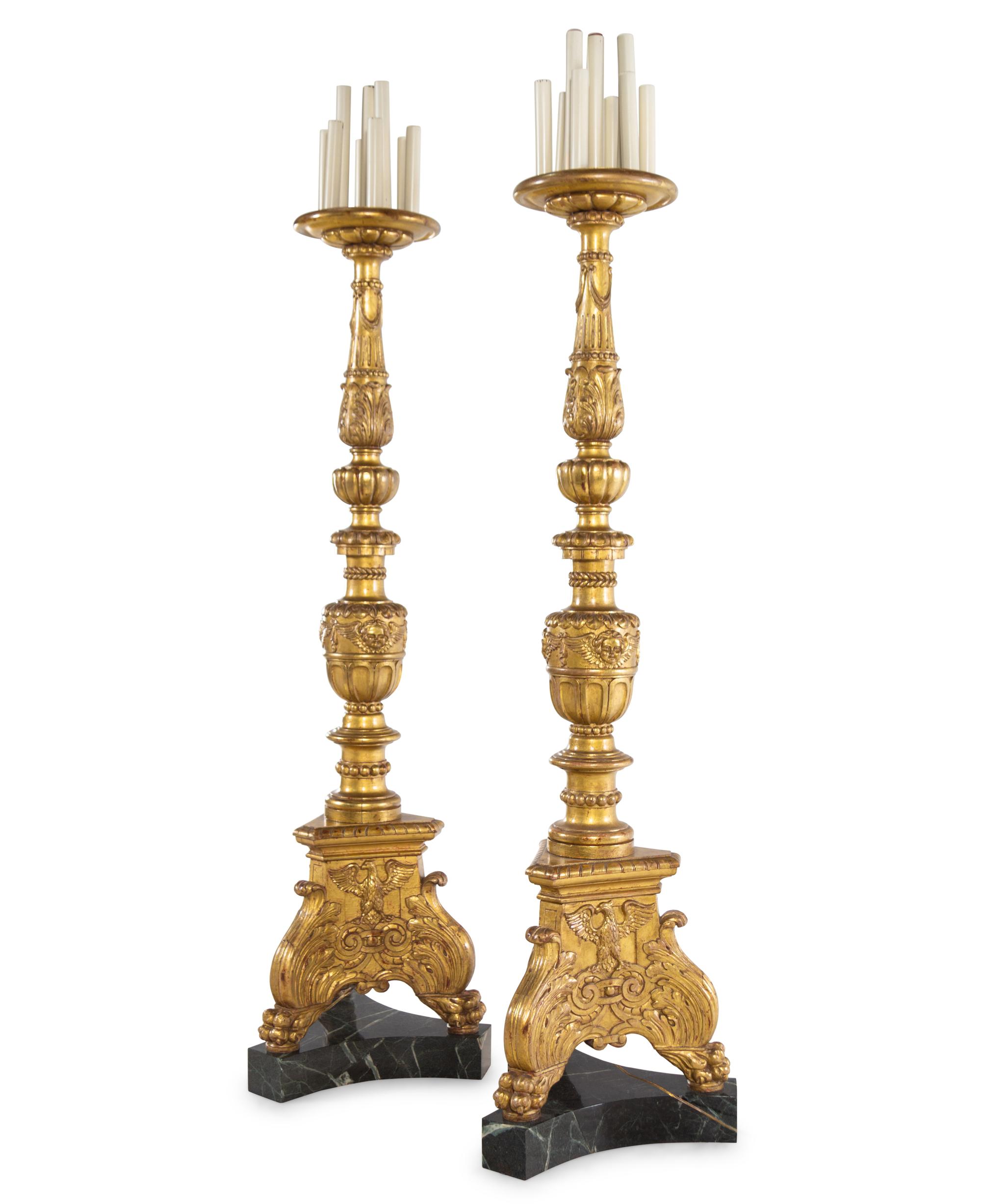 A Pair of Italian Baroque Style Giltwood Torchères