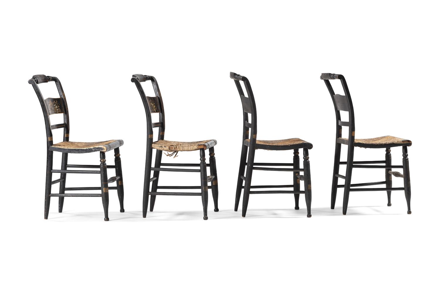 A Set of Four Stencil and Parcel Gilt Decorated Rush-Seat Hitchcock Side Chairs