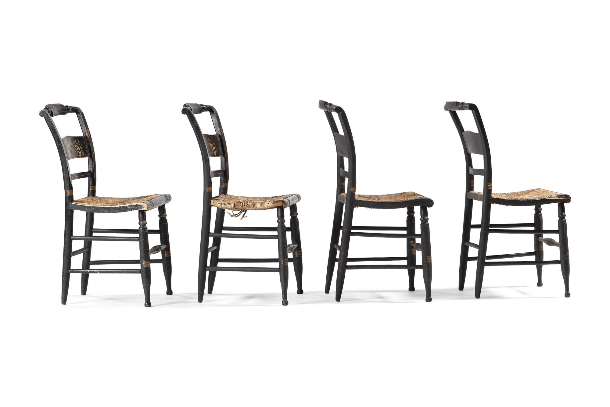 A Set of Four Stencil and Parcel Gilt Decorated Rush-Seat Hitchcock Side Chairs