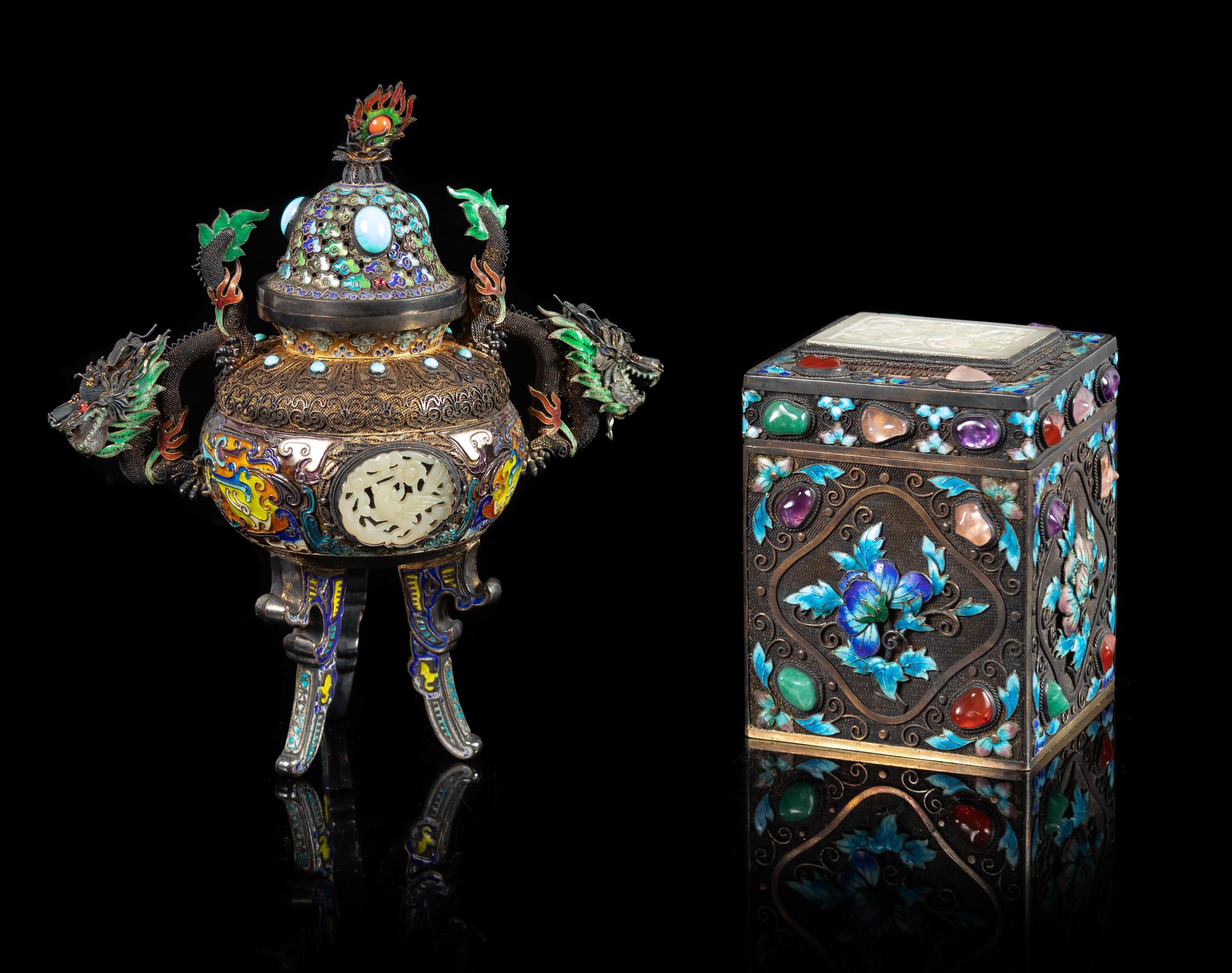 Two Jade and Hardstone Inset Silver Gilt Filigree Articles Height of taller 7 inches. — 19TH CENTURY