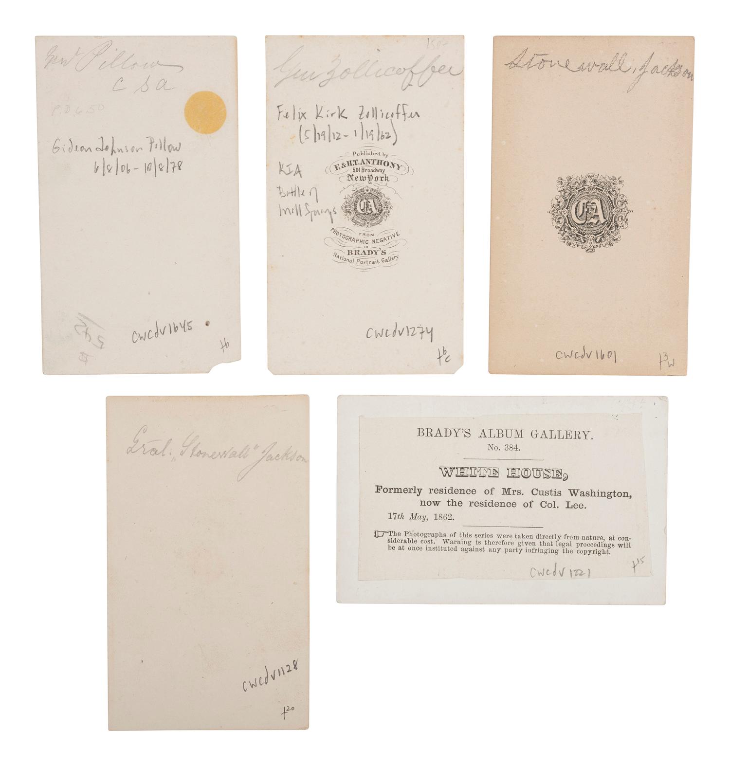 [CIVIL WAR - THE CONFEDERACY]. A group of 10 CDVs, incl. CSA Generals JACKSON, ZOLLICOFFER, CLINGMAN, PILLOW, HILL, and BEAUREGARD.