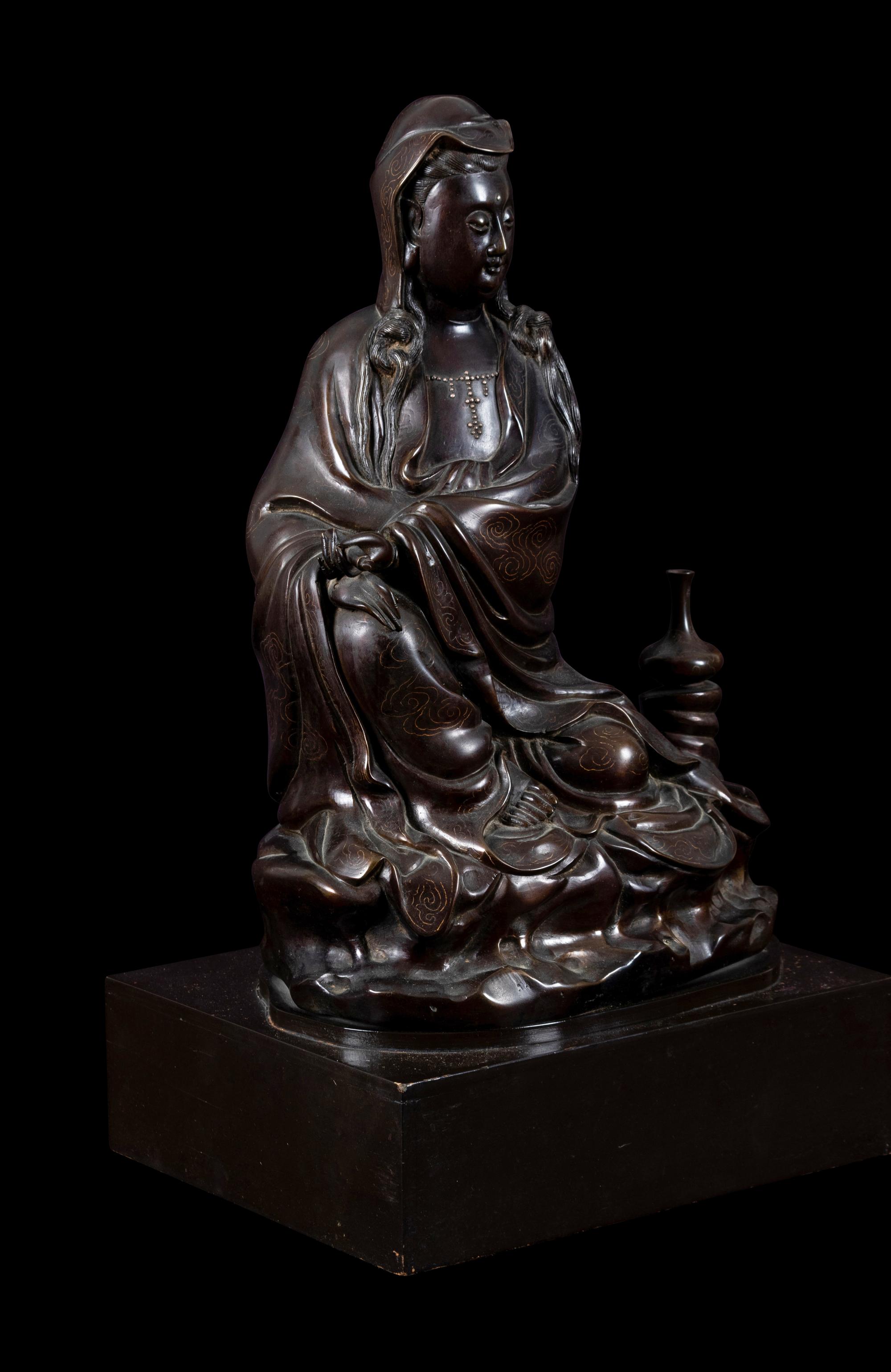 A Silver Inlaid Bronze Figure of Guanyin