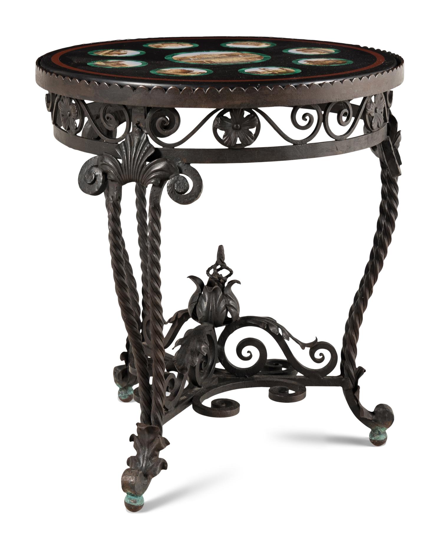 An Italian Micromosaic Inset Wrought Iron Low Table