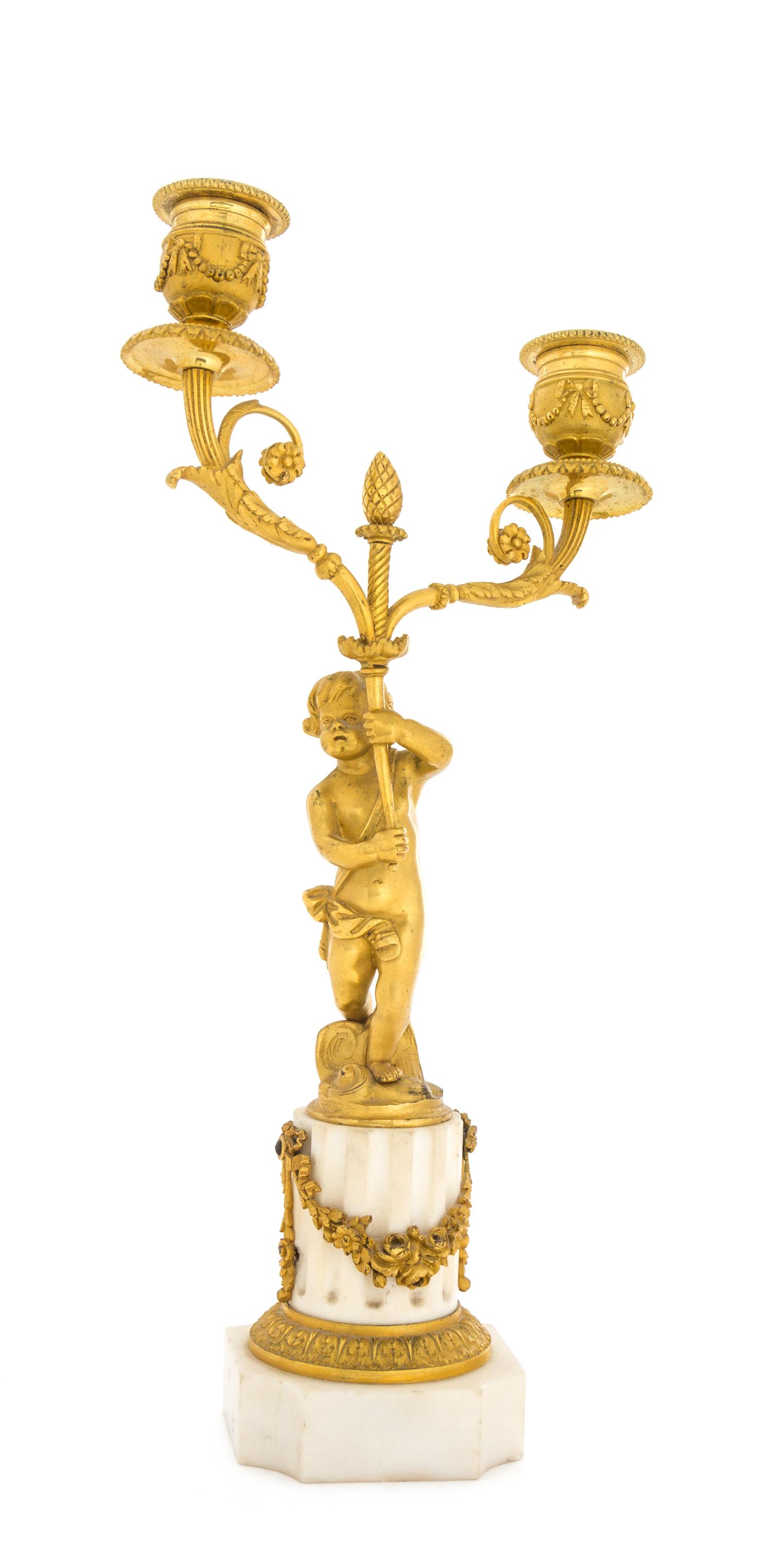 A Gilt Bronze and Marble Two-Light Candelabrum Height 13 1/2 inches. — 19TH CENTURY