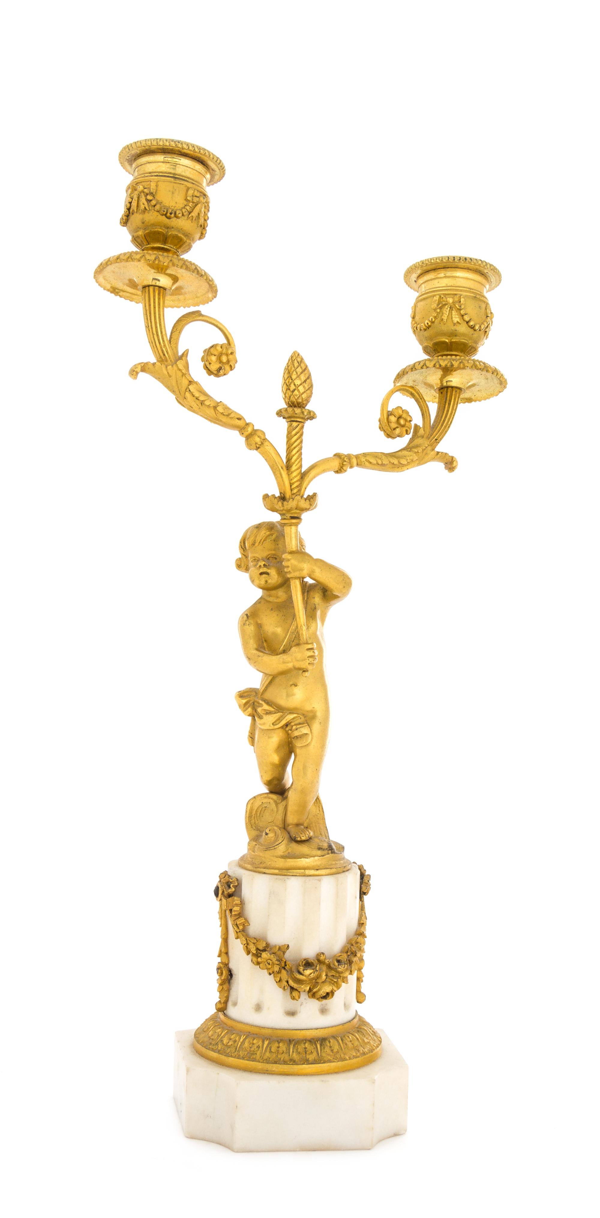 A Gilt Bronze and Marble Two-Light Candelabrum Height 13 1/2 inches. — 19TH CENTURY