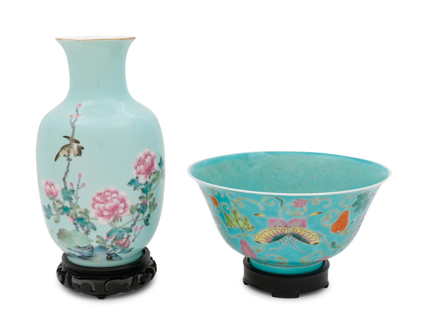 Two Chinese Turquoise Ground Famille Rose Porcelain Articles
