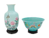 Two Chinese Turquoise Ground Famille Rose Porcelain Articles