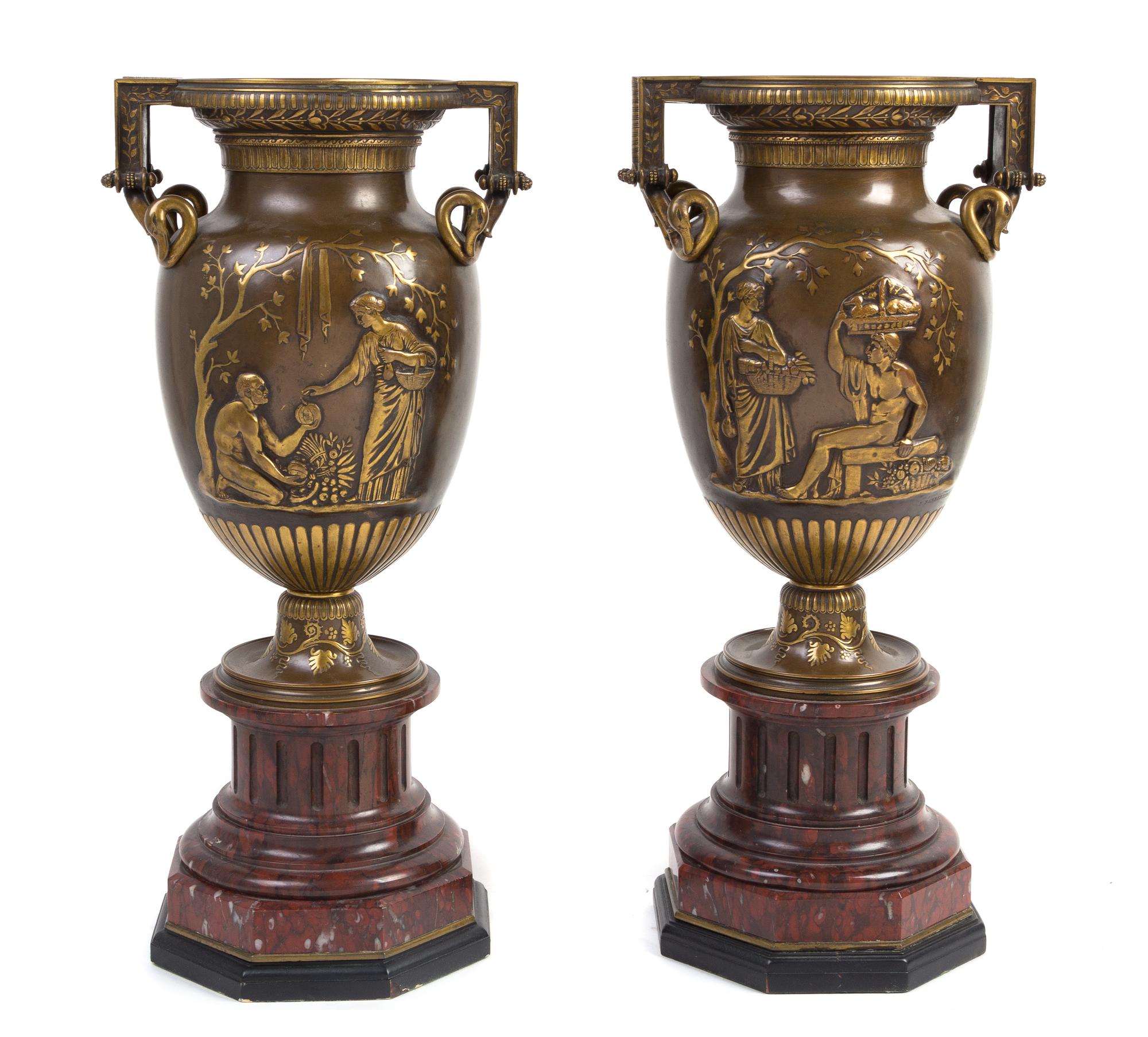 A Near Pair of French Gilt Bronze Urns Height 19 inches. — CAST BY BARBEDIENNE, LATE 19TH CENTURY