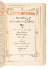 [JOHN HENRY NASH – BOOK CLUB OF CALIFORNIA]. STERLING, George, Genevieve TAGGARD, and James RORTY, editors. The Continent's End: An Anthology of Contemporary California Poets . San Francisco: John Henry Nash for The Book Club of California, 1925.
