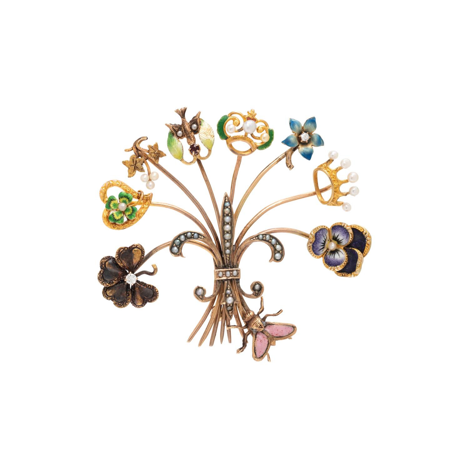 POLYCHROME ENAMEL, SEED PEARL, DIAMOND AND GEMSTONE STICK PIN BROOCH
