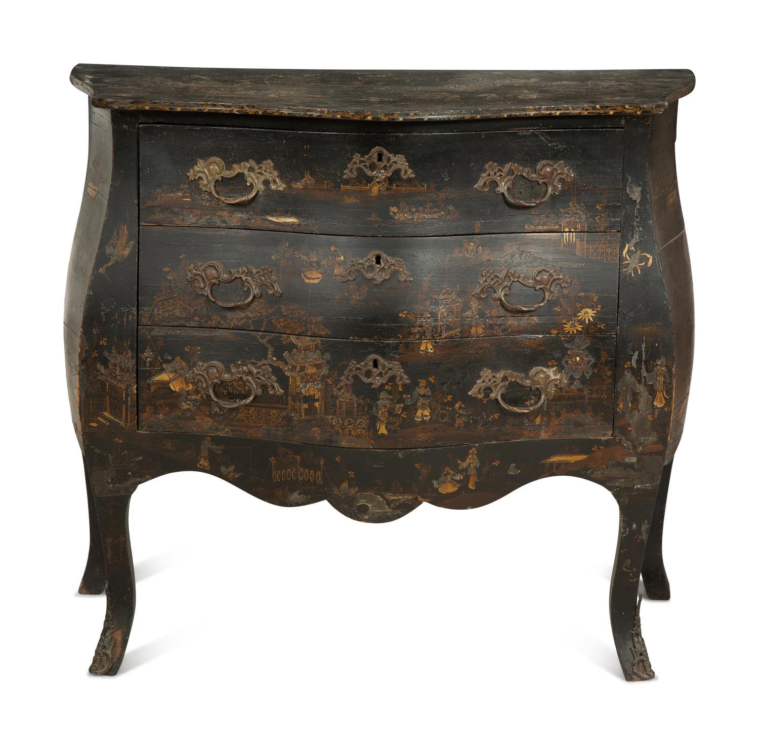 A Louis XV Black and Gilt Japanned Bombé Commode