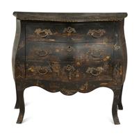 A Louis XV Black and Gilt Japanned Bombé Commode