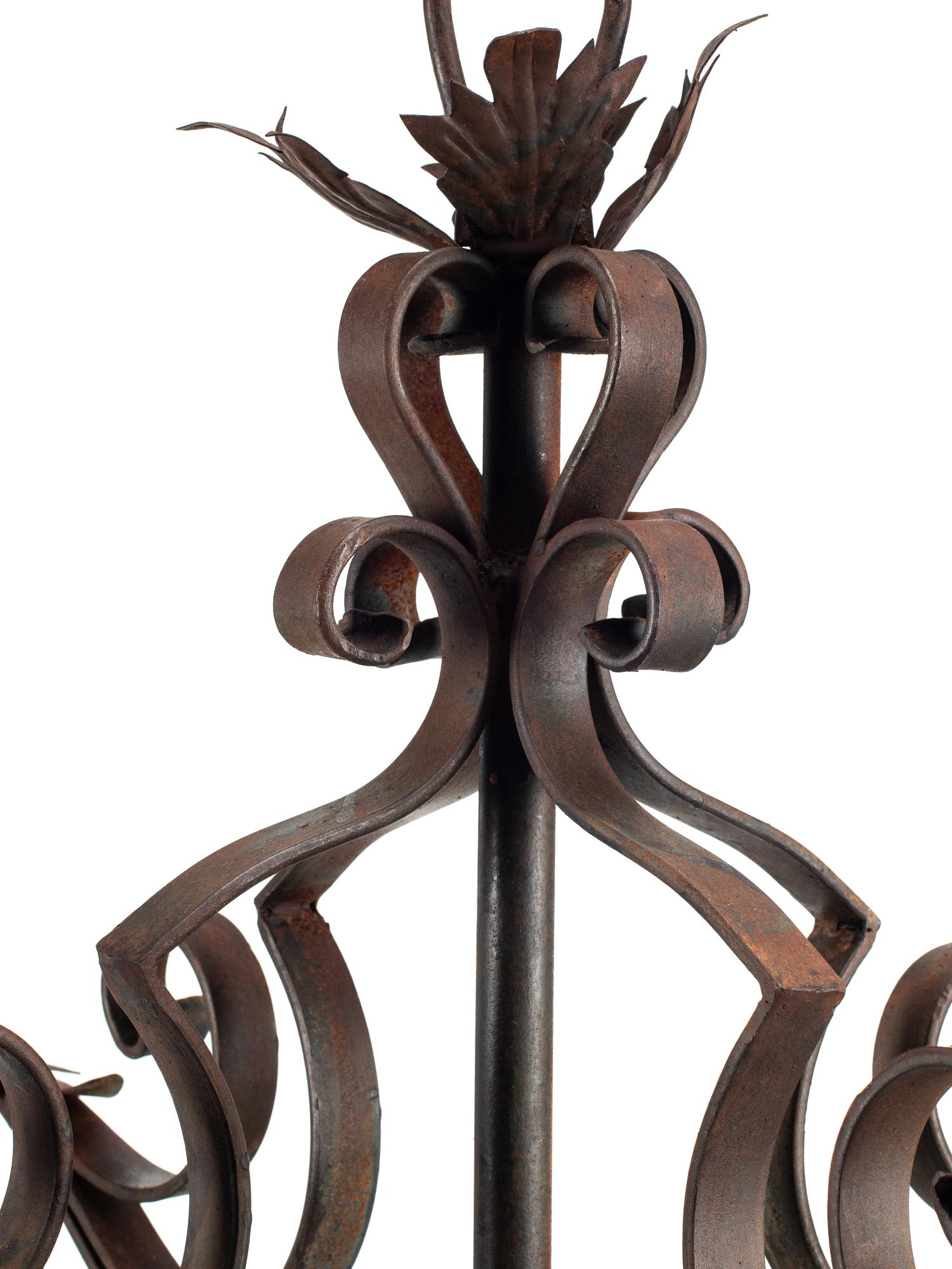 A Pair of Large Continental Wrought Iron and Etched Glass Lanterns
