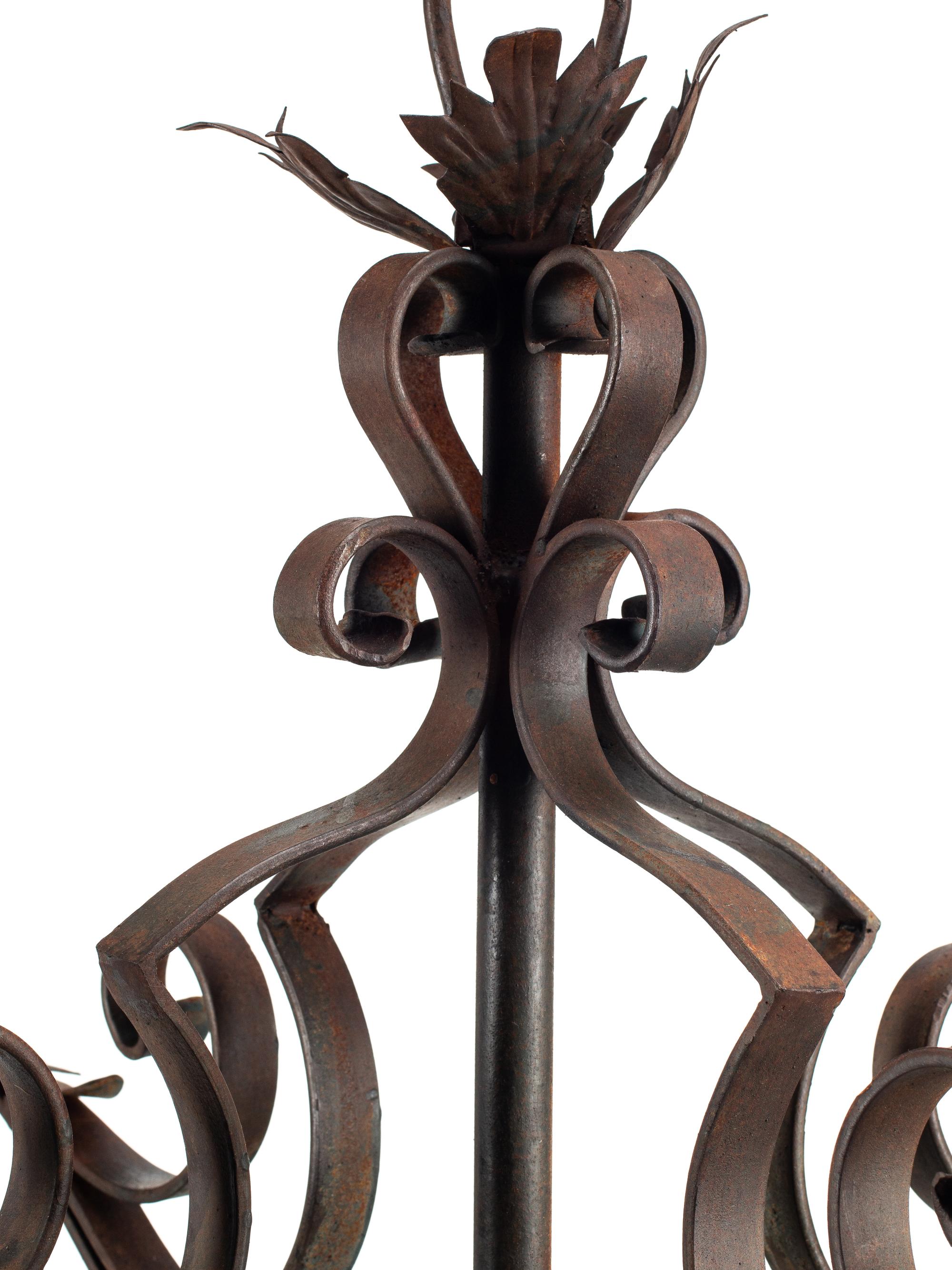 A Pair of Large Continental Wrought Iron and Etched Glass Lanterns