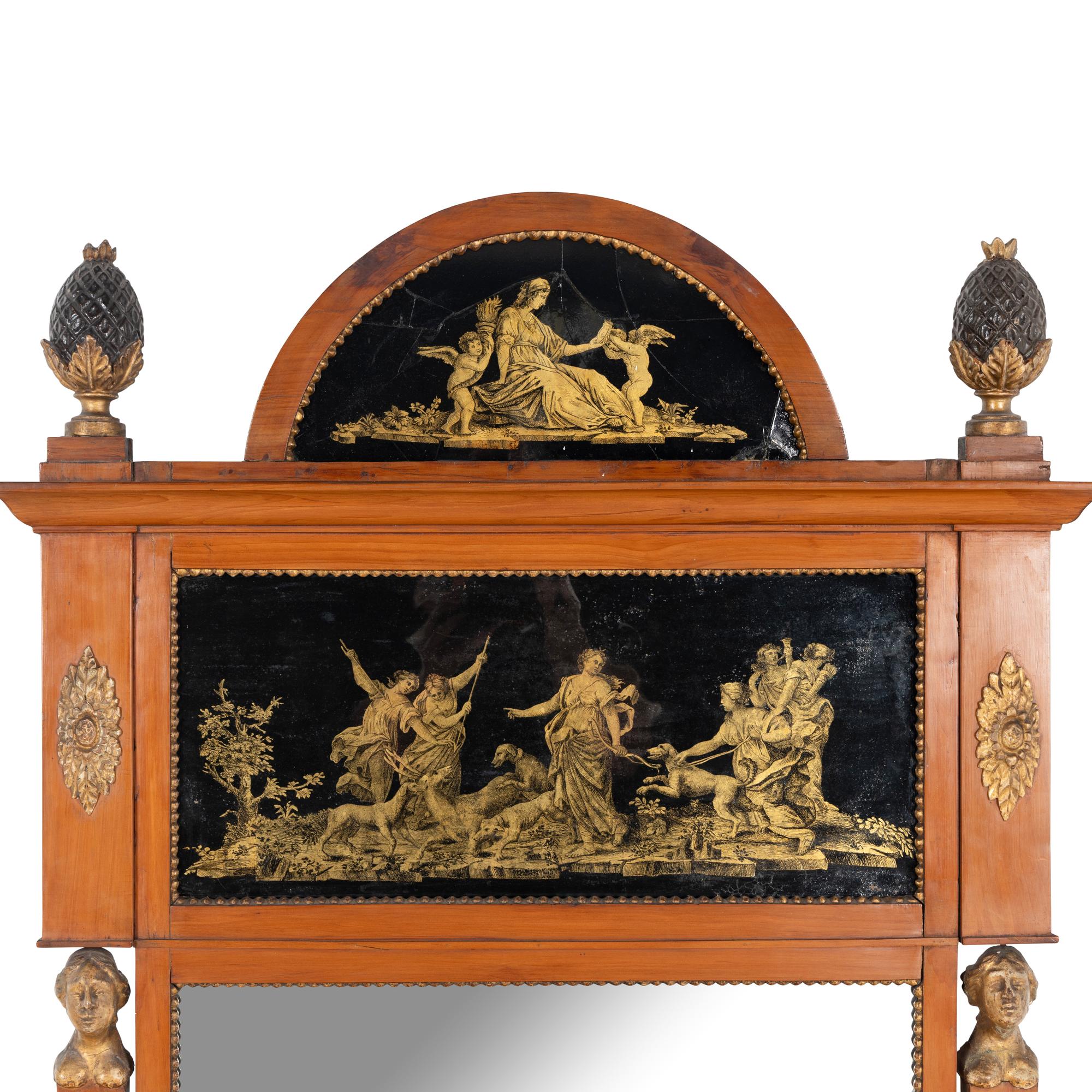 A Neoclassical Birch, Verre Églomisé and Parcel-Gilt Mirror