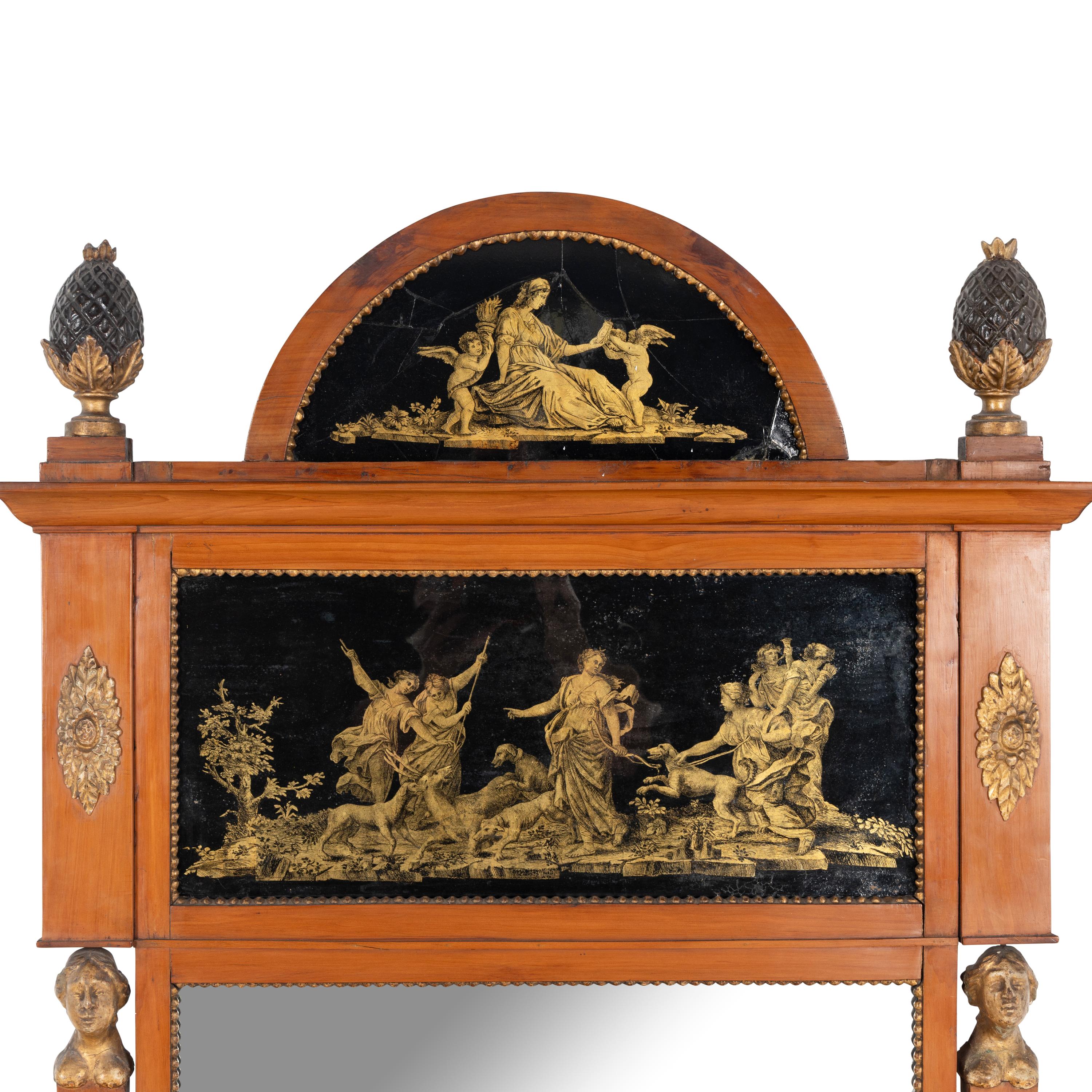 A Neoclassical Birch, Verre Églomisé and Parcel-Gilt Mirror