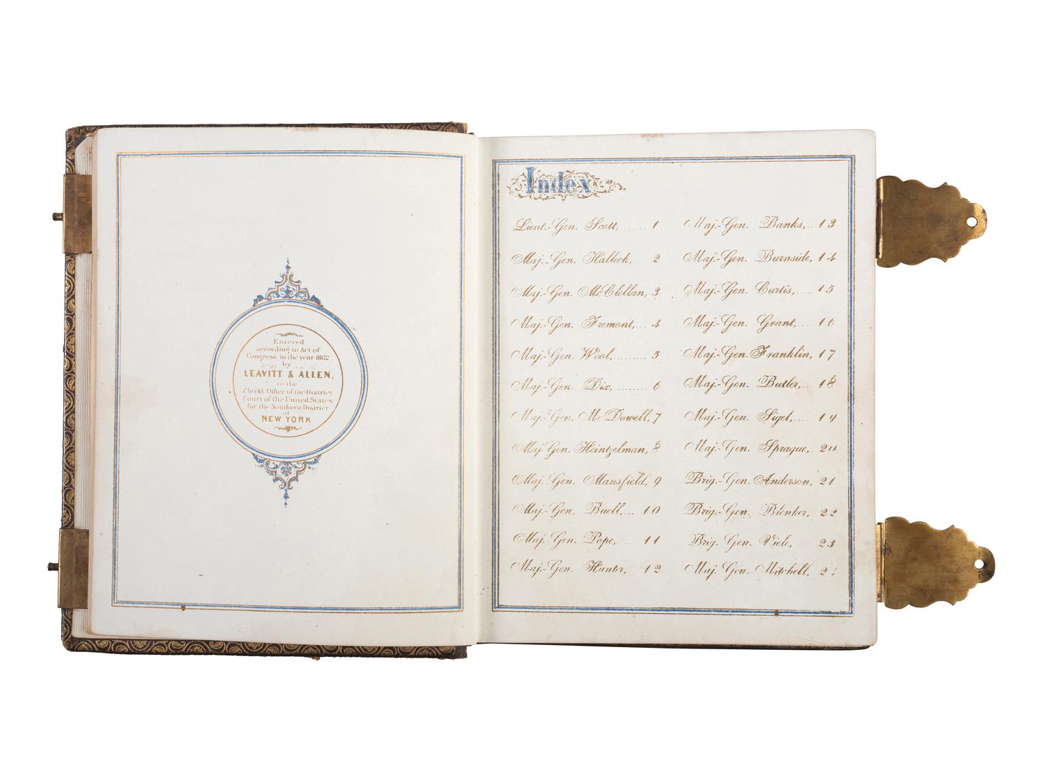 Patriotic album containing 24 engraved CDVs of Union generals. New York: Leavitt & Allen, 1862.