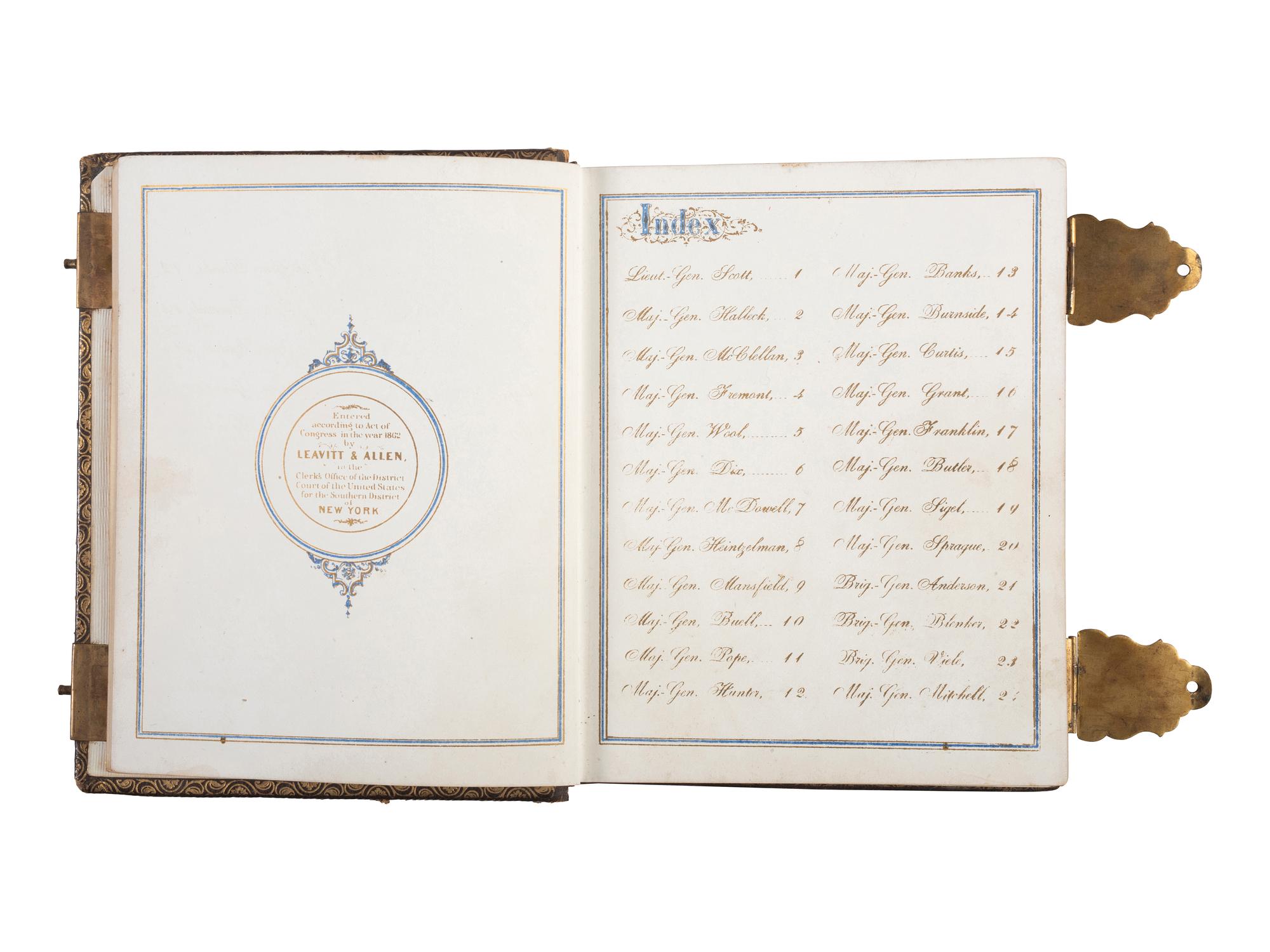 Patriotic album containing 24 engraved CDVs of Union generals. New York: Leavitt & Allen, 1862.