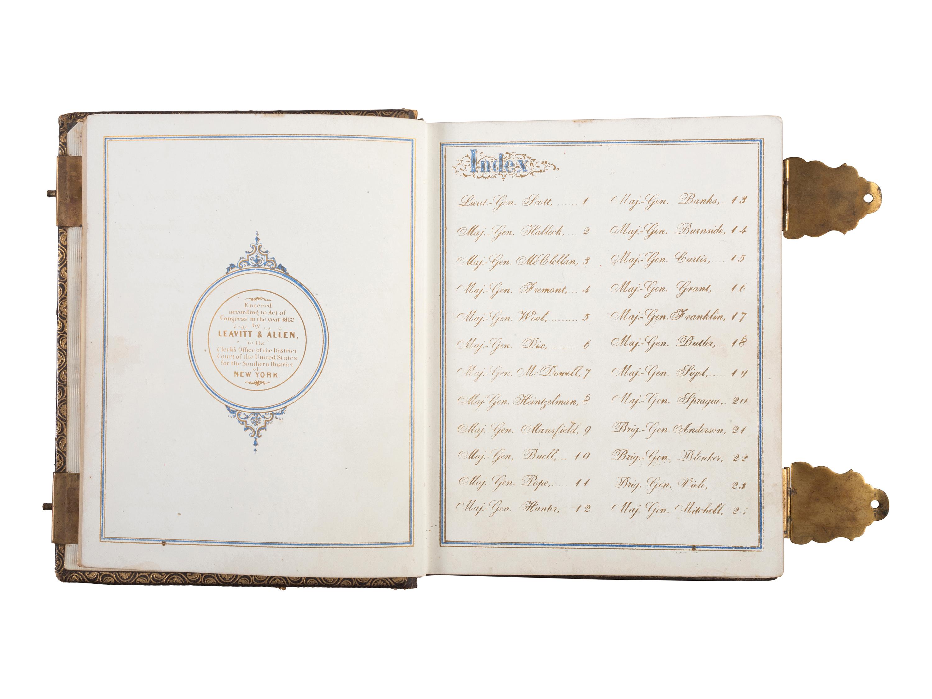 Patriotic album containing 24 engraved CDVs of Union generals. New York: Leavitt & Allen, 1862.