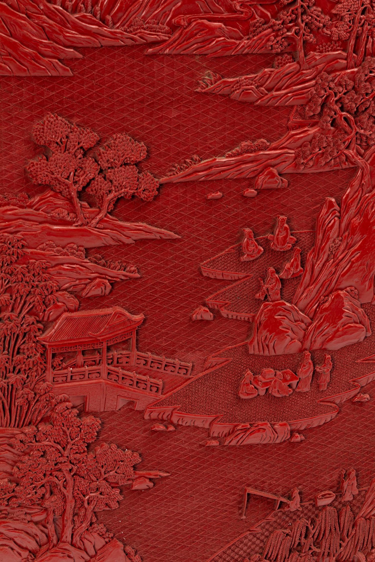 A Pair of Chinese Export Carved Red Lacquer Panels