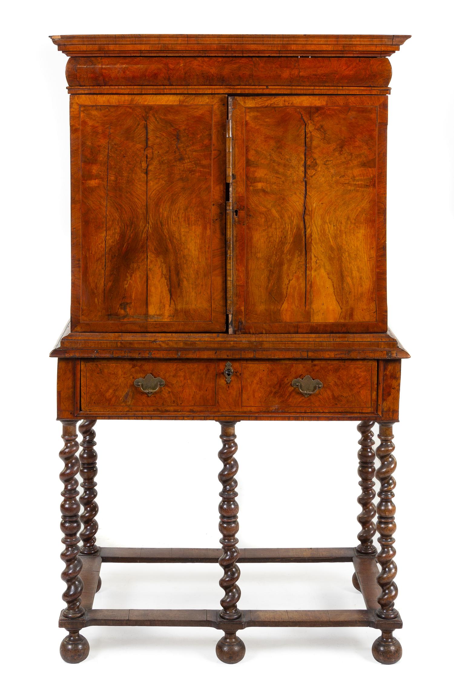 A William and Mary Burl Walnut Cabinet on Stand Height 63 1/2 x width 35 x depth 19 inches. — 17TH CENTURY