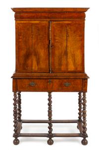 A William and Mary Burl Walnut Cabinet on Stand Height 63 1/2 x width 35 x depth 19 inches. — 17TH CENTURY