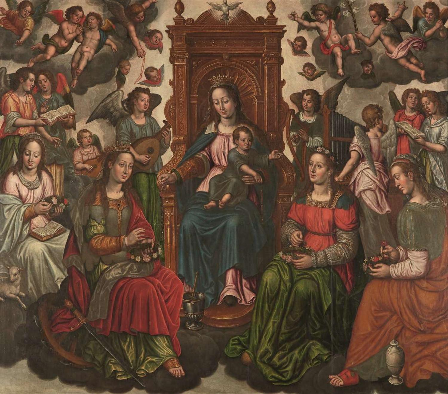 CIRCLE OF JACOB DE BACKER (FLEMISH C.1540-BEFORE 1600) A TRIPTYCHCENTER: THE MADONNA AND CHILD ENTHRONED WITH SAINT CATHERINE, SAINT AGNES, SAINT CECILIA, MARY MAGDALENE AND ANGELS | THE LEFT WING: THE ADORATION OF THE SHEPHERDS | THE RIGHT WING: THE A...