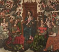CIRCLE OF JACOB DE BACKER (FLEMISH C.1540-BEFORE 1600) A TRIPTYCHCENTER: THE MADONNA AND CHILD ENTHRONED WITH SAINT CATHERINE, SAINT AGNES, SAINT CECILIA, MARY MAGDALENE AND ANGELS | THE LEFT WING: THE ADORATION OF THE SHEPHERDS | THE RIGHT WING: THE A...