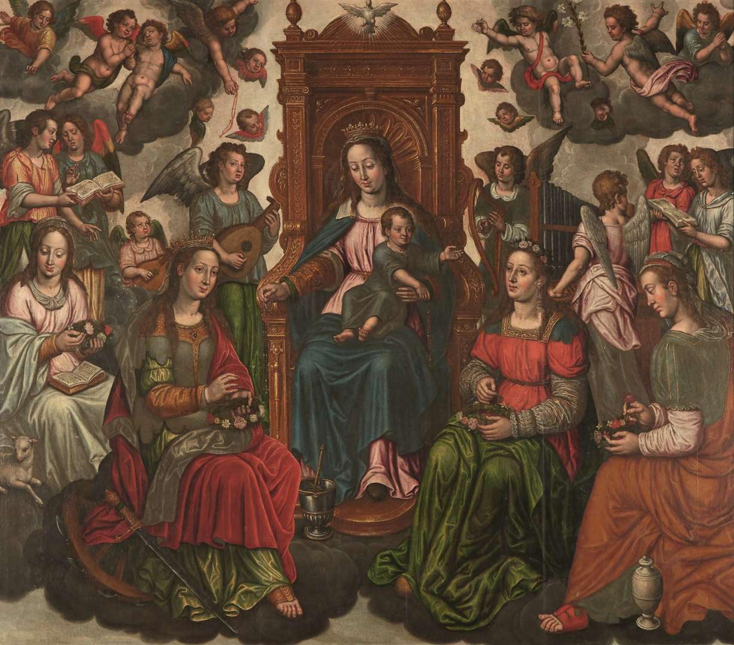 CIRCLE OF JACOB DE BACKER (FLEMISH C.1540-BEFORE 1600) A TRIPTYCHCENTER: THE MADONNA AND CHILD ENTHRONED WITH SAINT CATHERINE, SAINT AGNES, SAINT CECILIA, MARY MAGDALENE AND ANGELS | THE LEFT WING: THE ADORATION OF THE SHEPHERDS | THE RIGHT WING: THE A...