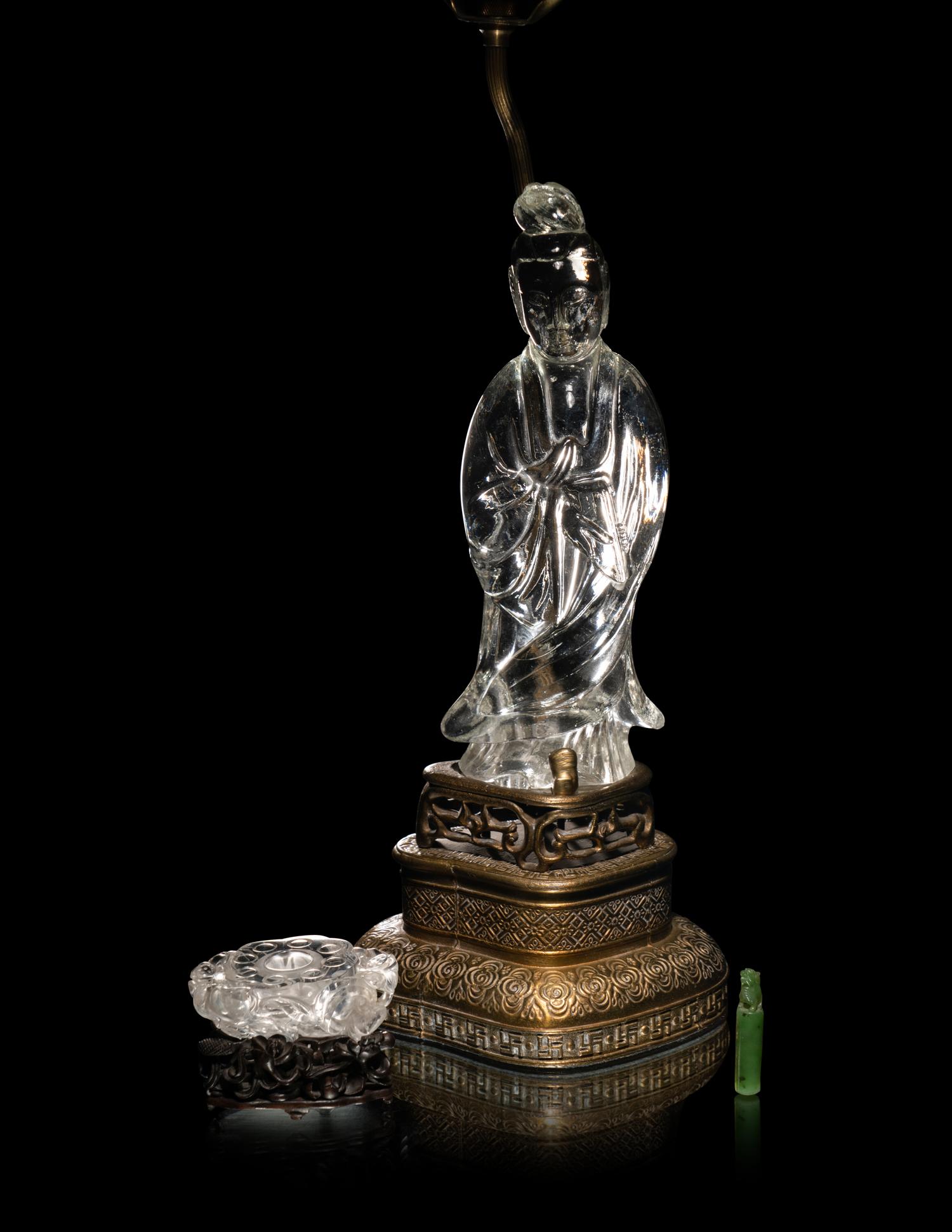 Two Chinese Rock Crystal Carvings and a Spinach Jade Seal
