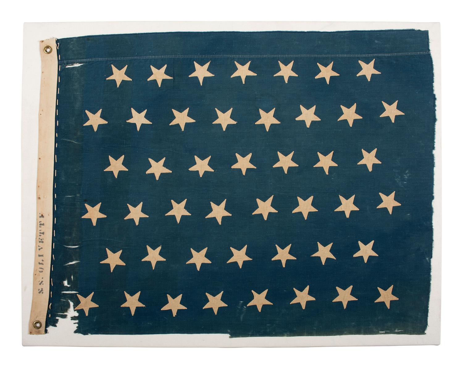 [FLAGS]. 45-star American Naval Jack identified to the SS Olivette . Ca 1898-1908.