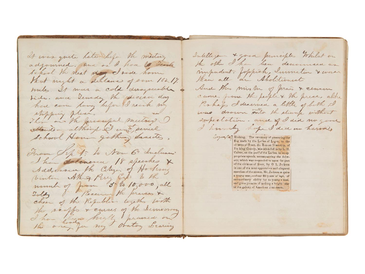 JACKSON, Col. Oscar L. (1840-1920). Five journals, incl. descriptions of Oscar L. Jackson's political activism during the 1860 campaign and his service with 63rd OVI, with campaign broadside noting Jackson as a speaker.