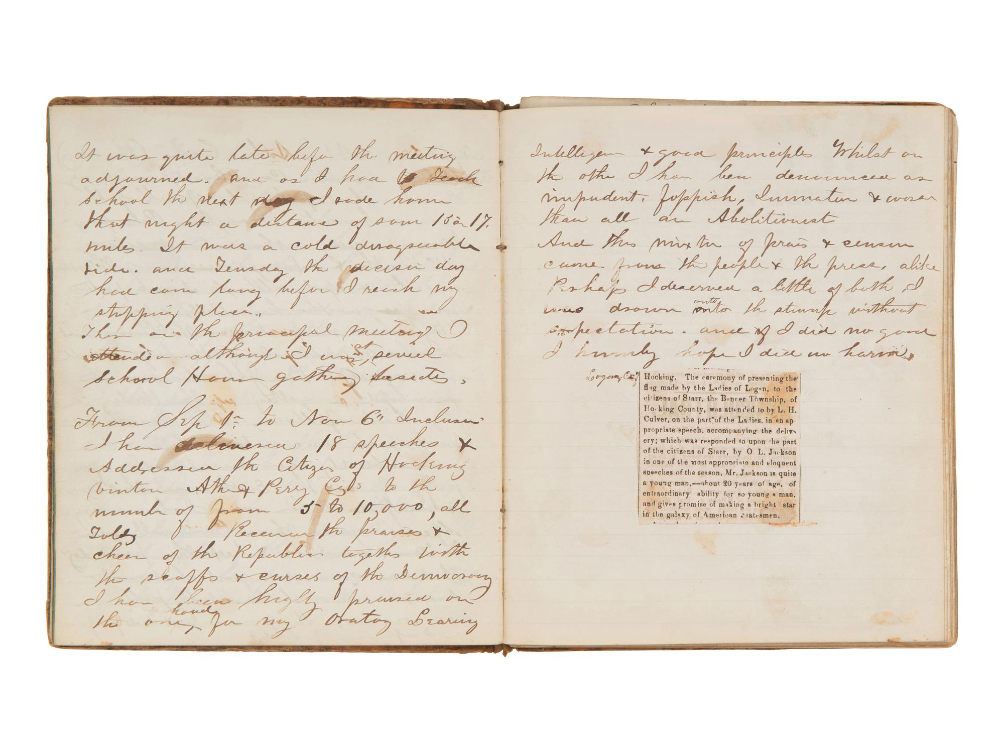 JACKSON, Col. Oscar L. (1840-1920). Five journals, incl. descriptions of Oscar L. Jackson's political activism during the 1860 campaign and his service with 63rd OVI, with campaign broadside noting Jackson as a speaker.