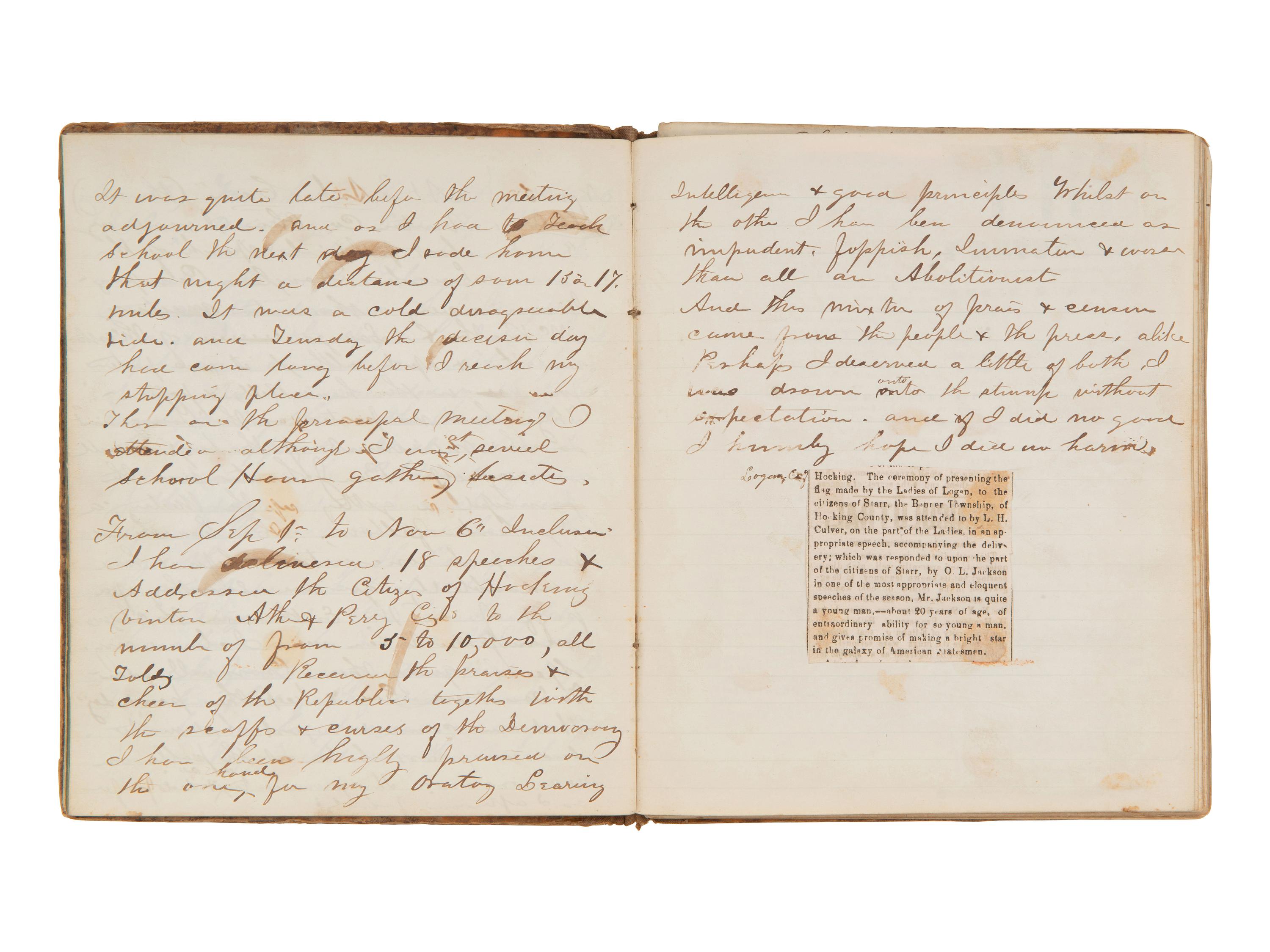 JACKSON, Col. Oscar L. (1840-1920). Five journals, incl. descriptions of Oscar L. Jackson's political activism during the 1860 campaign and his service with 63rd OVI, with campaign broadside noting Jackson as a speaker.