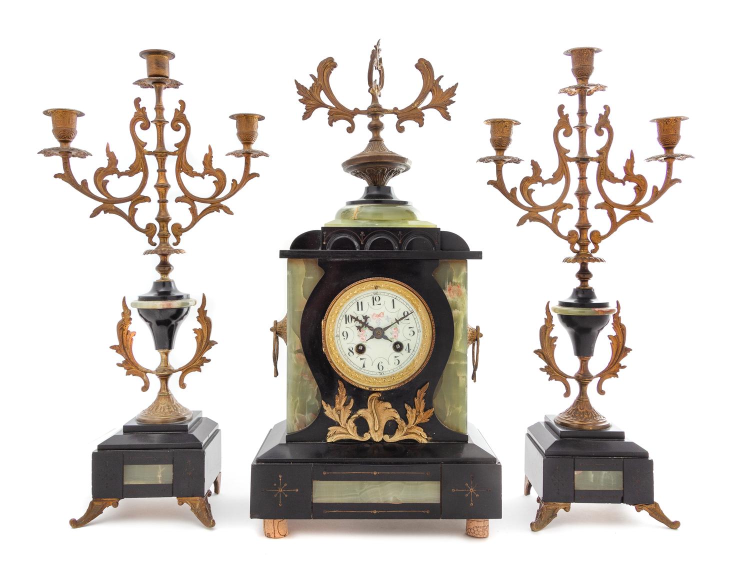 A Continental Gilt Metal Mounted Onyx and Slate Clock Garniture