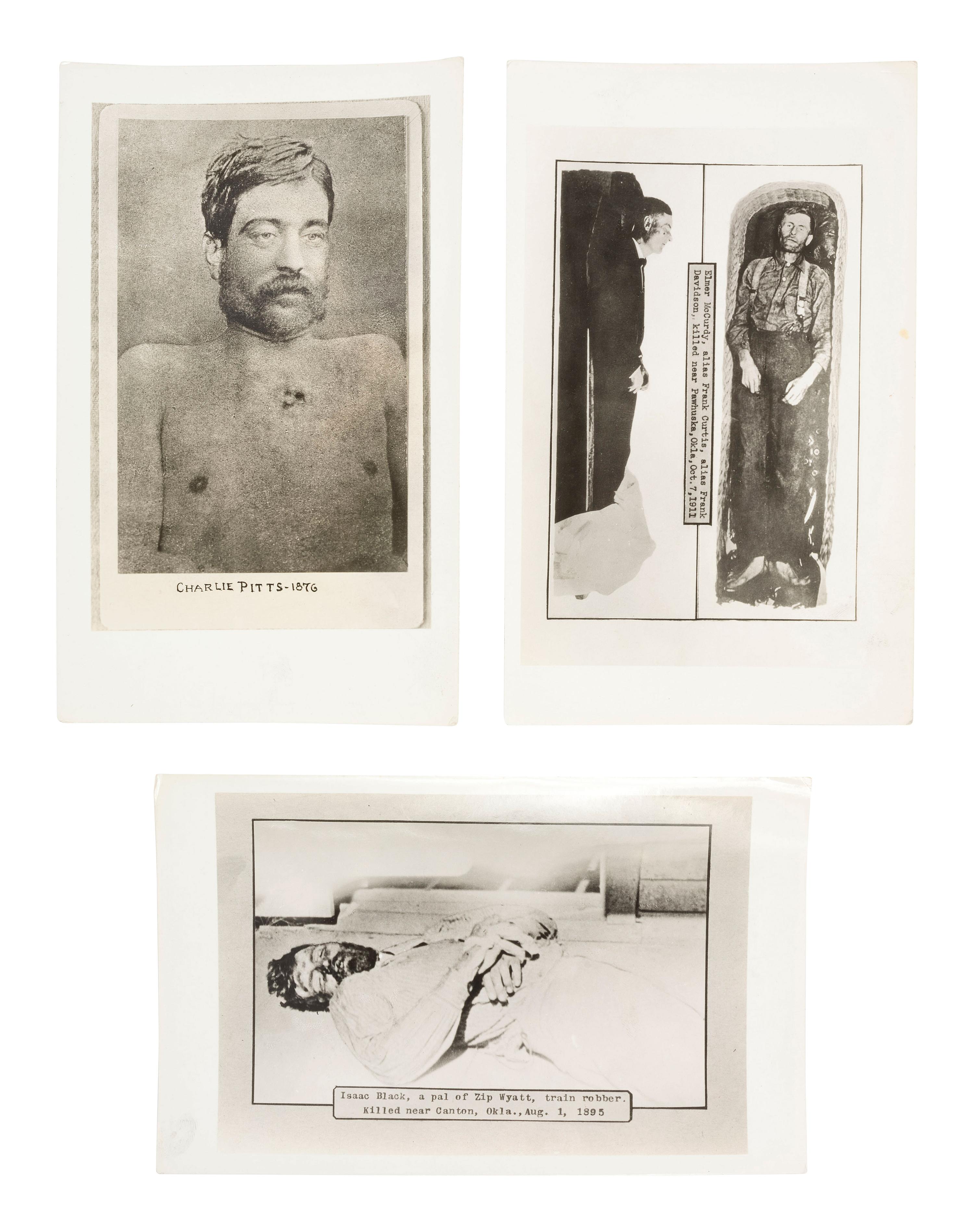 Western Outlaws in Death A group of 11 silver gelatin photographs of deceased outlaws Elmer McCurdy, Isaac Black, and Charlie Pitts, with credit for the N.H. Rose Collection.