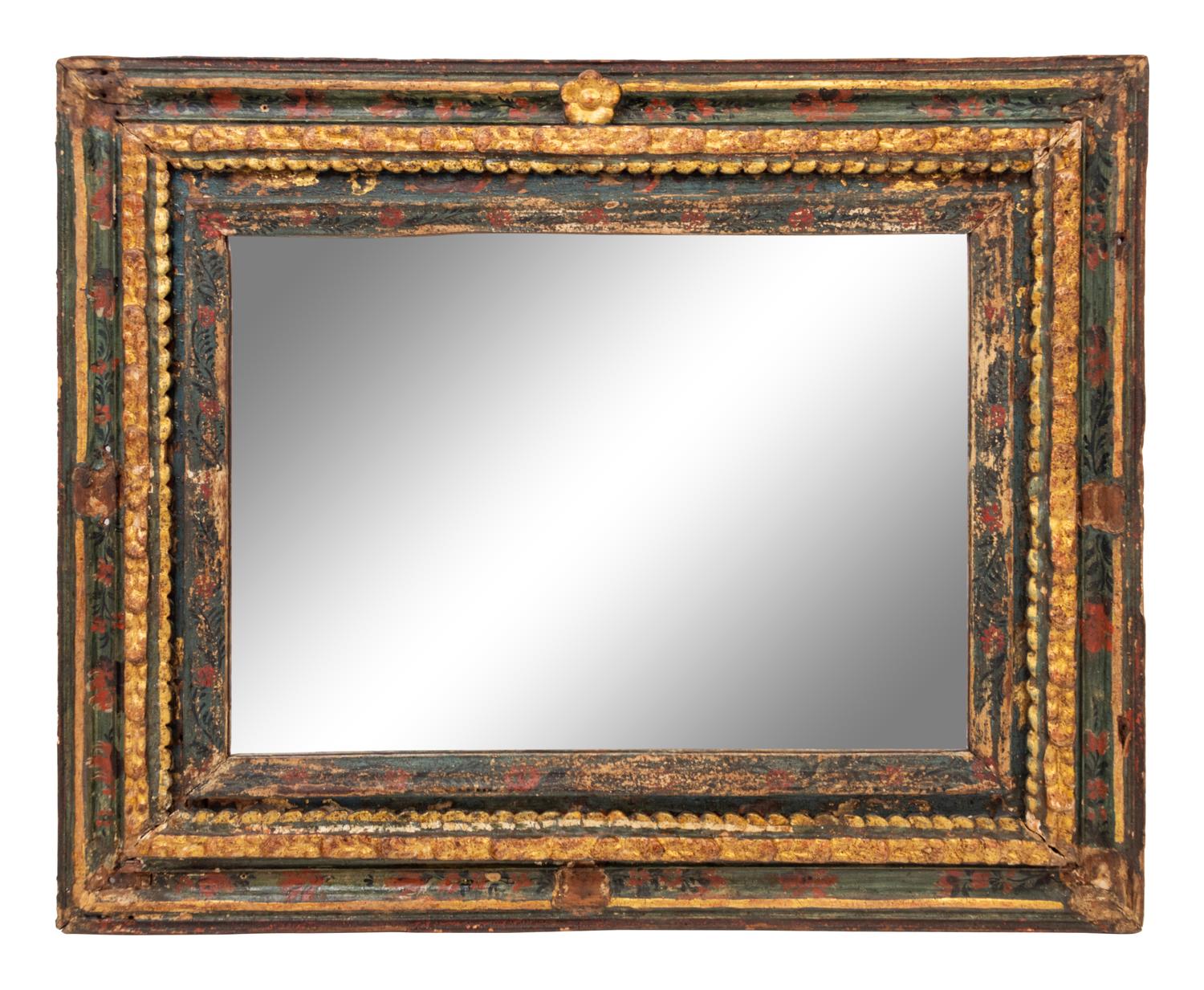 A Spanish Colonial Painted and Parcel Gilt Mirror