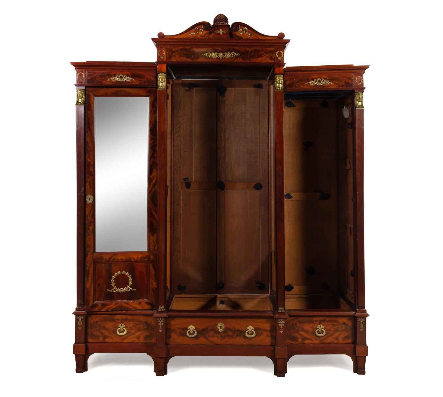 An Empire Style Gilt Metal Mounted Mahogany Breakfront Vitrine Cabinet