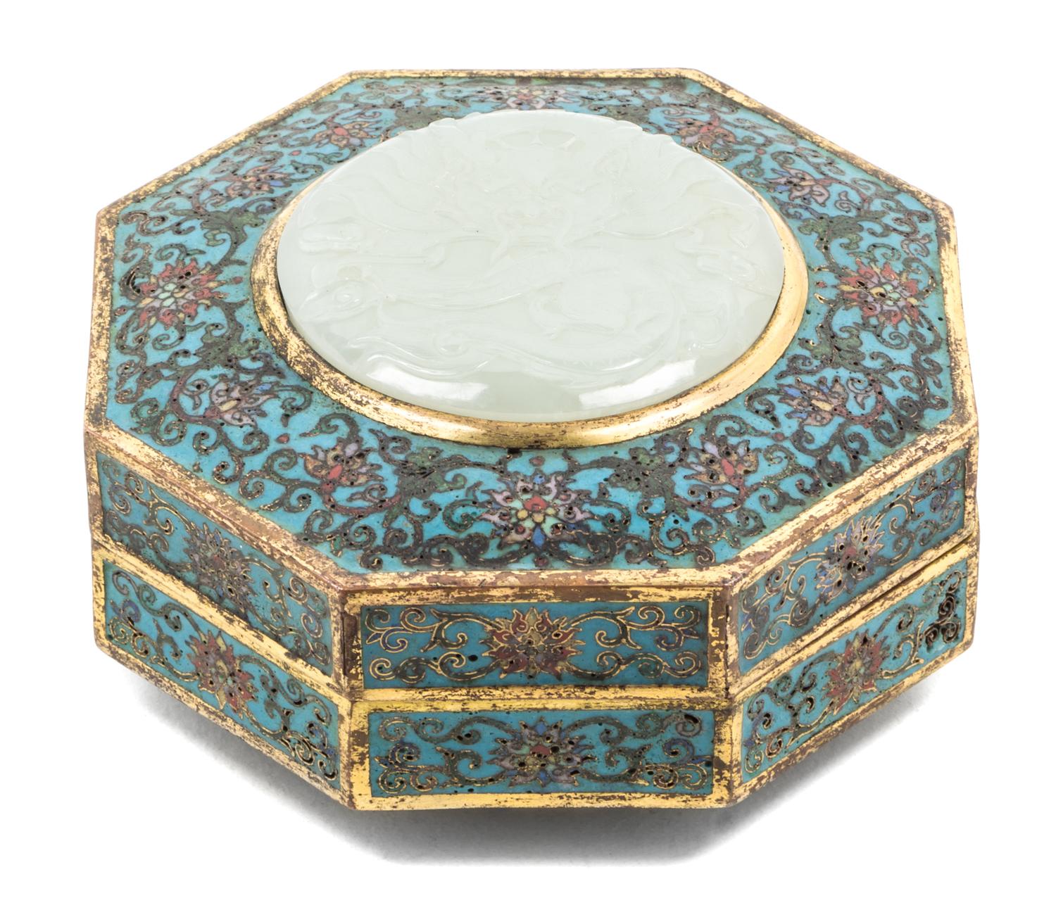 A Jade Inset Cloisonne Enamel Box and Cover Height 2 1/2 x width 4 3/4 inches.