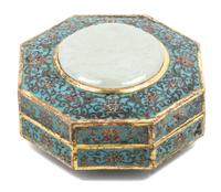 A Jade Inset Cloisonne Enamel Box and Cover Height 2 1/2 x width 4 3/4 inches.